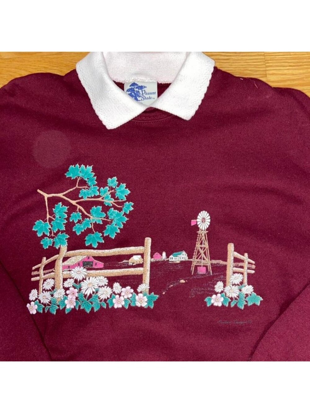 Burgundy and white collared sweater with a cottage vibe